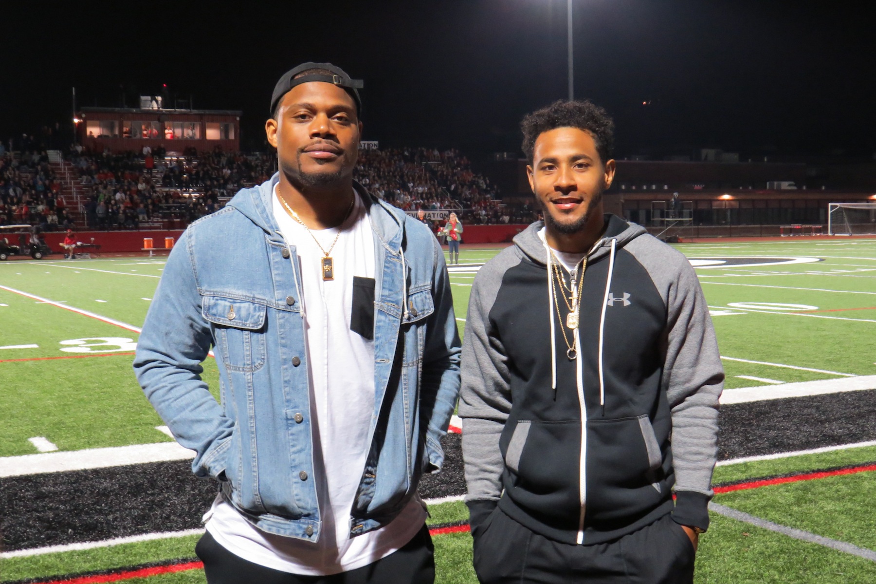 Preston Brown and Justin Gilmore pose for a photo during the Falcons' game in Clarence. (Photo by David Yarger)